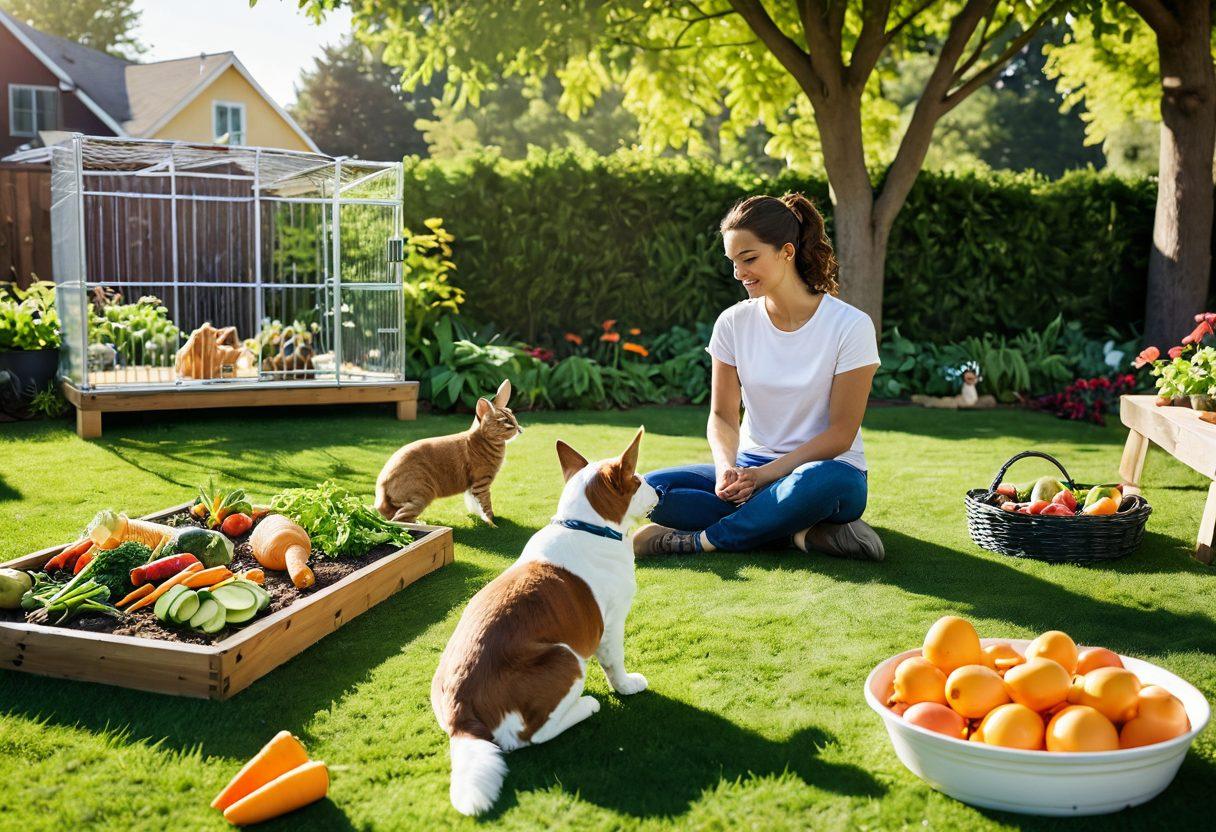 A vibrant scene showcasing a pet owner lovingly interacting with a dog, surrounded by healthy pet food, training equipment like a leash and agility cones, and a backdrop of a lush park. Include a variety of pets - a cat relaxing on a sunlit patch, a rabbit nibbling on veggies, and a bird in a cage, all symbolizing responsible pet ownership. The atmosphere should exude warmth and happiness, filled with sunshine and playful energy. super-realistic. vibrant colors. natural setting.