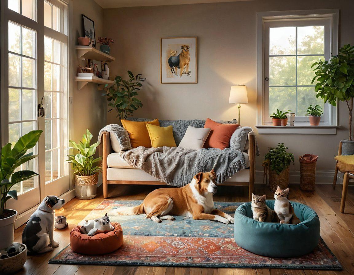 A heartwarming scene of a person lovingly caring for various pets including a dog, cat, and bird in a cozy home environment. Include elements like pet care supplies, a colorful pet bed, and playful interactions, showcasing the bond between the owner and pets. Soft, warm lighting enhances the emotional connection. super-realistic. vibrant colors. cozy atmosphere.