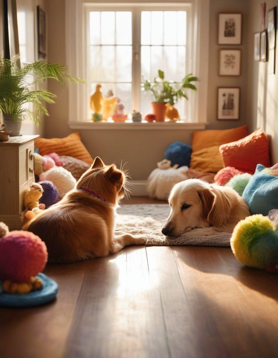 A warm, cozy setting featuring a diverse group of happy pets, including a dog, cat, and rabbit, all cuddling together in a sunlit living room. Surrounding them are colorful toys and food bowls that symbolize care and love. In the background, there are framed photos of happy moments with pets, showcasing loyalty and companionship. The atmosphere should evoke feelings of warmth and affection, highlighting the bond between pets and their owners. super-realistic. vibrant colors. soft lighting.